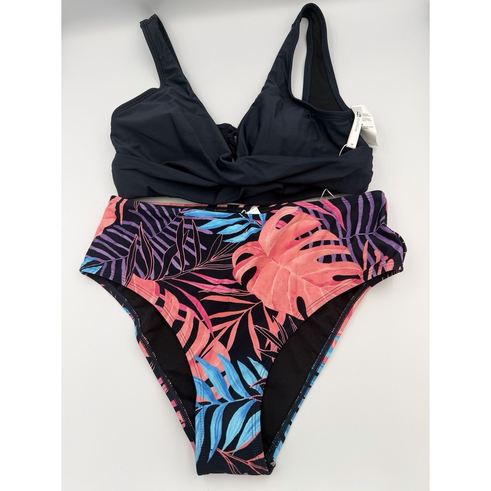 Cutout Cross Back Top & Tropical Leaf High Waist Bikini Set Cupshe NWT M